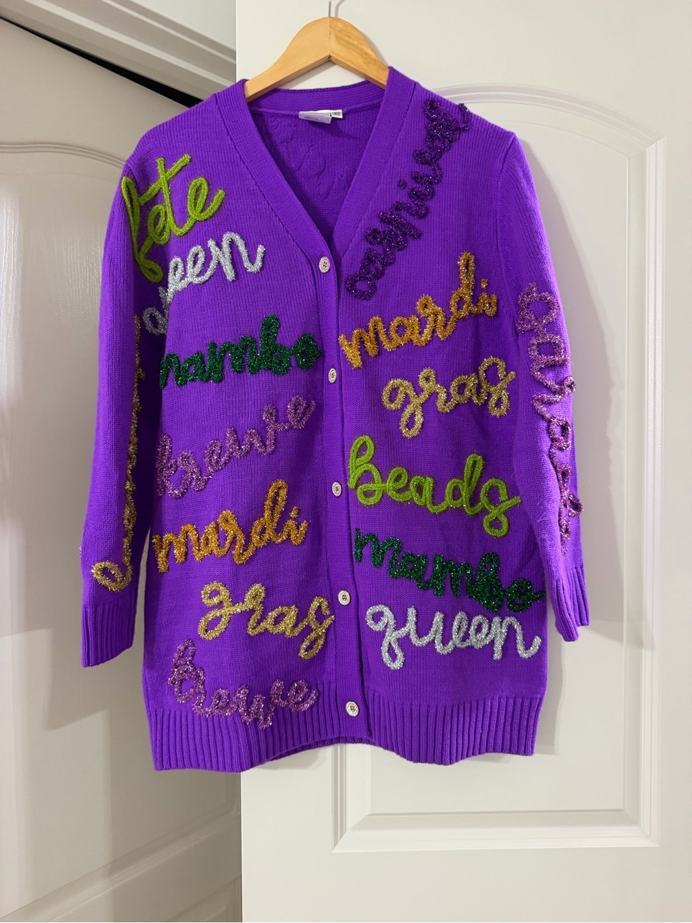 QUEEN OF SPARKLES Purple Knit Embroidered Mardi Gras Cardigan